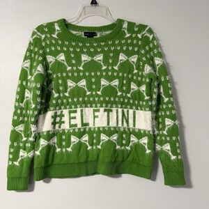 Faith & Zoe Elftini Fuzzy Sweater Green White M Champagne Glass Christmas‎